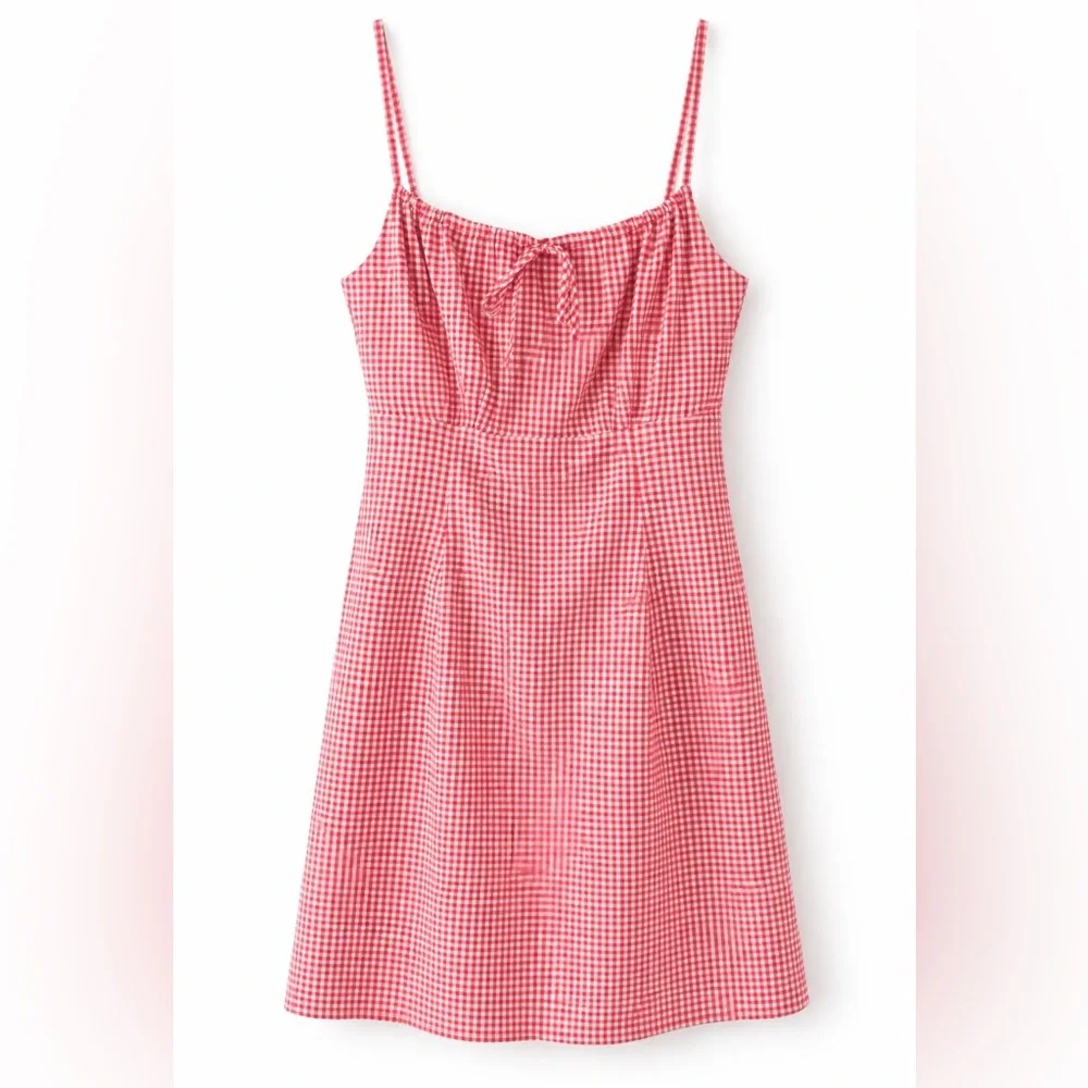 Red Gingham Mini Dress Tie Front Spaghetti Strap Summer Dress Size S - Picture 2 of 4